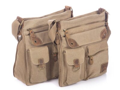 Poszerzana torebka damska płócienna canvas ze skórą naturalną brązowa