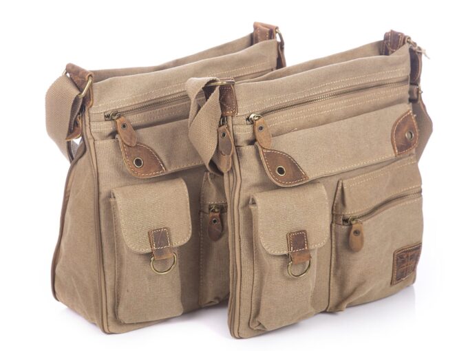 Poszerzana torebka damska płócienna canvas ze skórą naturalną brązowa