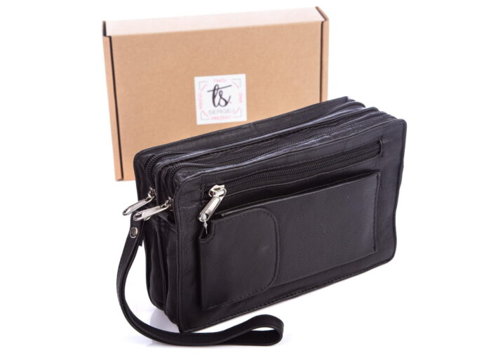 Czarna saszetka skórzana do ręki z paskiem z dwoma komorami Bag Street