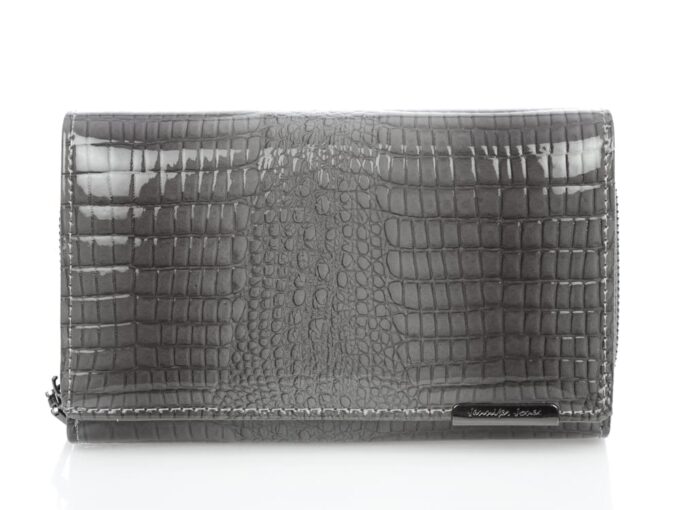 Bardzo duży lakierowany szary portfel damski