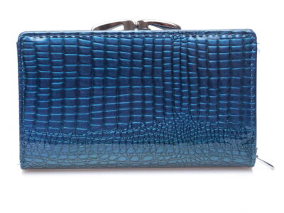 Portfel damski skórzany lakierowany niebieski z dwoma kieszeniami na bilon - obrazek 4