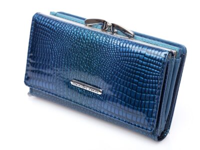 Portfel damski skórzany lakierowany niebieski z dwoma kieszeniami na bilon - obrazek 3