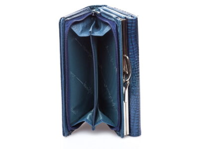 Portfel damski skórzany lakierowany niebieski z dwoma kieszeniami na bilon - obrazek 9