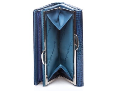 Portfel damski skórzany lakierowany niebieski z dwoma kieszeniami na bilon - obrazek 8