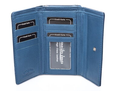 Portfel damski skórzany lakierowany niebieski z dwoma kieszeniami na bilon - obrazek 7