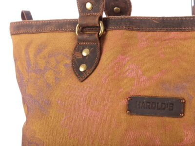 Torba damska typu shopper z płótna i skóry vintage, brązowa z wzorami - obrazek 10