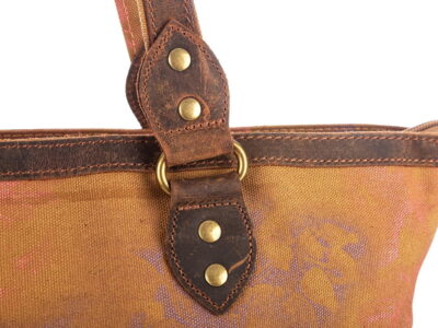 Torba damska typu shopper z płótna i skóry vintage, brązowa z wzorami - obrazek 9