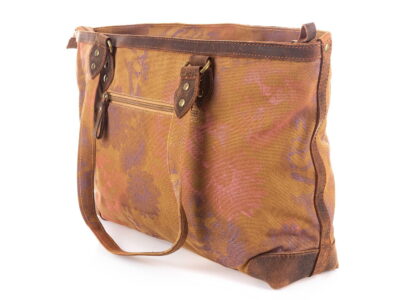 Torba damska typu shopper z płótna i skóry vintage, brązowa z wzorami - obrazek 4