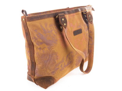 Torba damska typu shopper z płótna i skóry vintage, brązowa z wzorami - obrazek 3