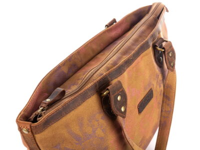 Torba damska typu shopper z płótna i skóry vintage, brązowa z wzorami - obrazek 5