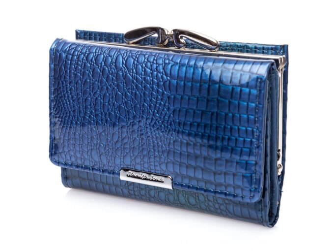 Niebieski portfel damski lakierowany ze skóry naturalnej cromo