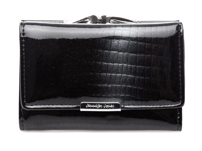 Czarny średni portfel damski z brokatem szarym