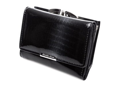 Portfel damski średniej wielkości skórzany lakierowany czarny z brokatem - obrazek 2