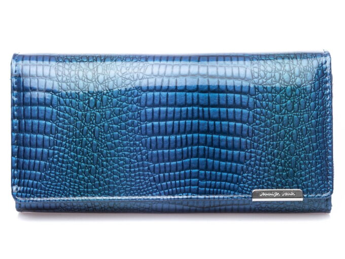Duży poziomy niebieski portfel damski z lakierowanej skóry naturalnej
