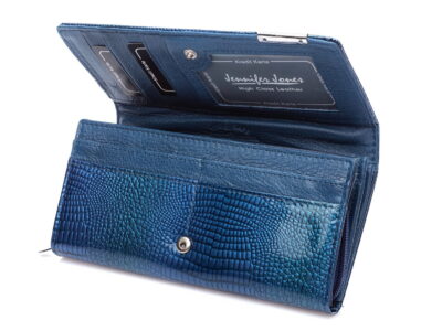 Duży poziomy portfel damski niebieski z lakierowanej skóry naturalnej - obrazek 5