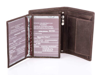 Portfel męski skórzany pionowy brązowy z jasnym pasem Wild - obrazek 8