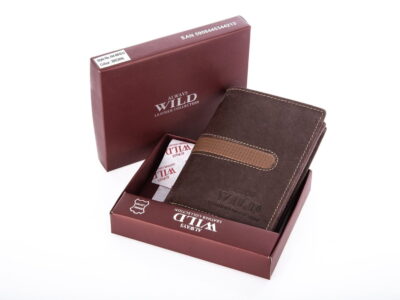 Portfel męski skórzany pionowy brązowy z jasnym pasem Wild - obrazek 3