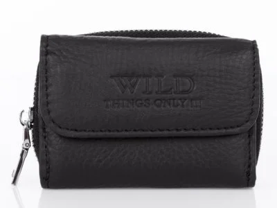 Mały czarny portfel męski Wild's zapinany na zamek ze skóry