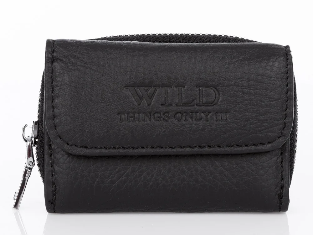 Mały czarny portfel męski Wild's zapinany na zamek ze skóry