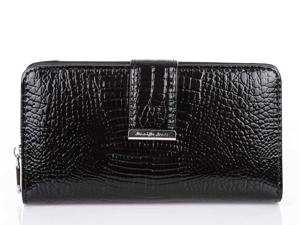 Poziomy duży czarny skórzany portfel damski Jennifer Jones
