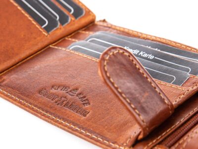 Duży portfel męski brązowy z grubej skóry naturalnej zapinany na zatrzask RFID - obrazek 5
