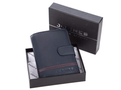 Męski portfel skórzany pionowy granatowy z czerwonym szwem J Jones - obrazek 3