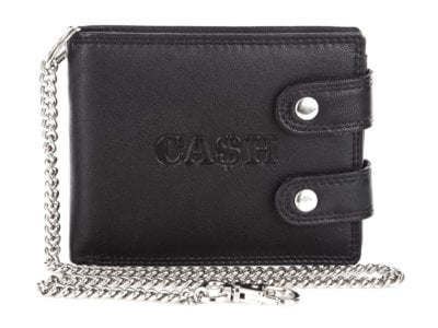 Czarny skórzany portfel męski z łańcuchem Cash