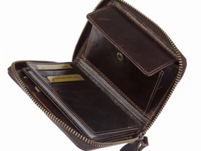 Duży portfel męski skórzany zapinany dookoła na zamek ciemny brąz - obrazek 6