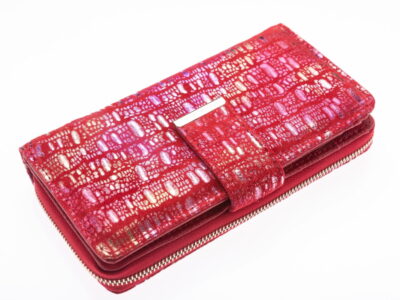 Portfel damski skórzany czerwony z brokatem duży - obrazek 3