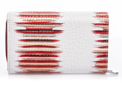 Duży portfel damski skórzany lakierowany biały z czerwonymi pasami - obrazek 3
