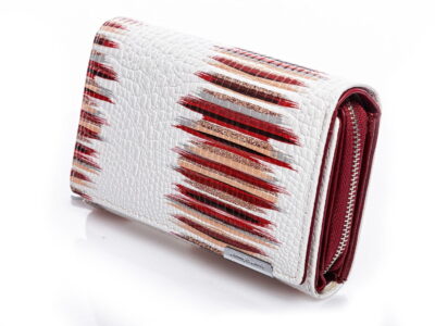 Duży portfel damski skórzany lakierowany biały z czerwonymi pasami - obrazek 9