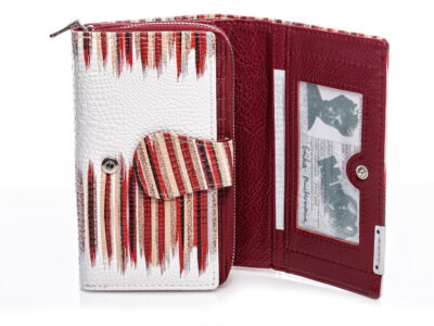 Duży portfel damski skórzany lakierowany biały z czerwonymi pasami - obrazek 8