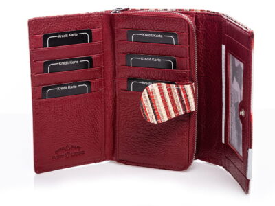 Duży portfel damski skórzany lakierowany biały z czerwonymi pasami - obrazek 7