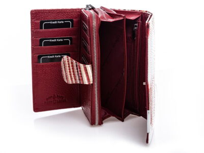 Duży portfel damski skórzany lakierowany biały z czerwonymi pasami - obrazek 6