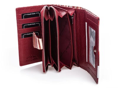 Duży portfel damski skórzany lakierowany biały z czerwonymi pasami - obrazek 5