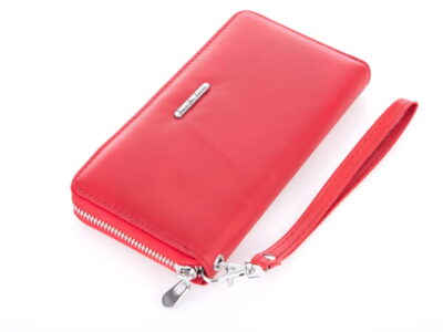 Skórzany portfel damski typu piórnik zapinany dookoła na zamek - czerwony - obrazek 3