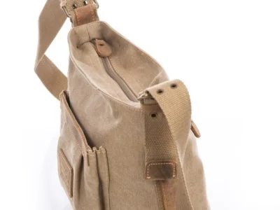 Torebka damska listonoszka z canvasu i skóry naturalnej beżowa - obrazek 4