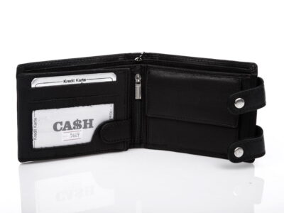 Duży, pojemny czarny skórzany portfel męski na łańcuchu Cash