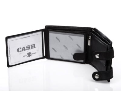 Duży, pojemny czarny skórzany portfel męski na łańcuchu Cash