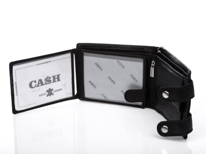 Duży, pojemny czarny skórzany portfel męski na łańcuchu Cash