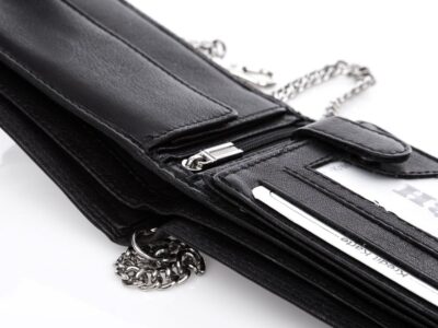 Duży, pojemny czarny skórzany portfel męski na łańcuchu Cash