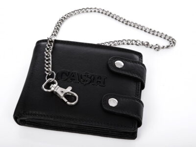 Duży, pojemny czarny skórzany portfel męski na łańcuchu Cash