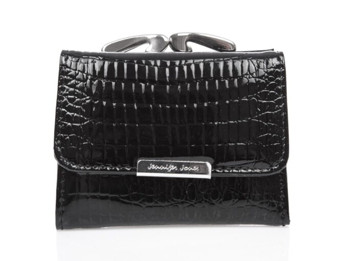 Mały czarny lakierowany portfel damski