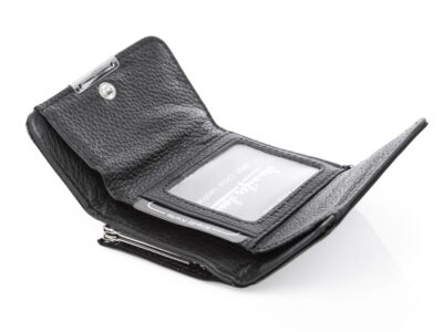 Mały czarny lakierowany portfel damski