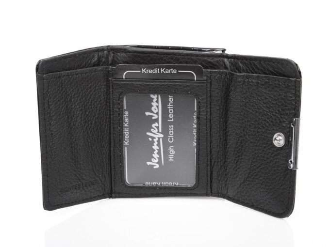 Mały czarny lakierowany portfel damski