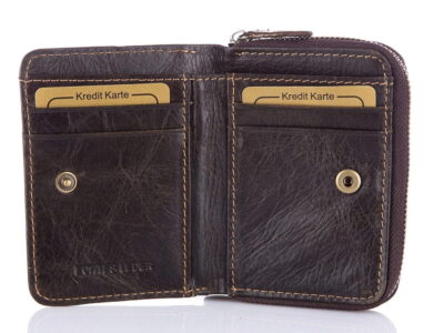 Mały, skórzany portfel męski ciemny brąz Wild's zapinany dookoła na zamek - obrazek 3