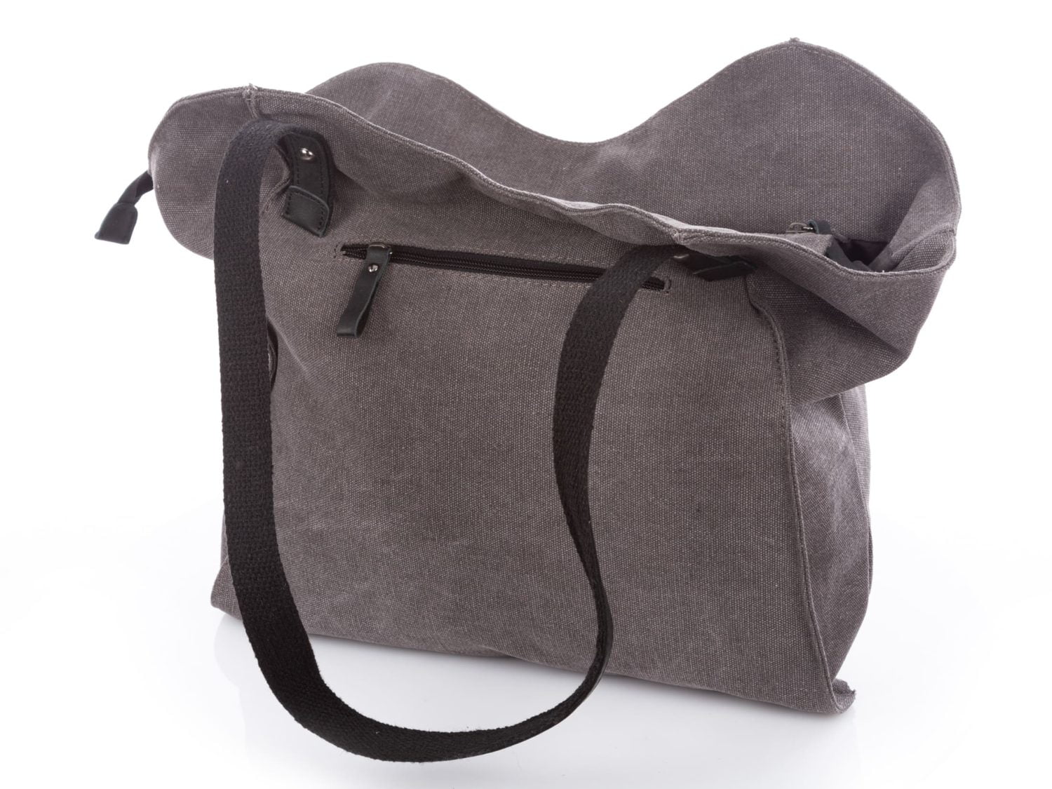 Szara torba vintage z canvasu i skóry, widok z tyłu z kieszenią i długimi rączkami