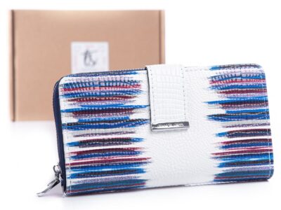 Biało - niebieksi portfel damski lakierowany duży z zamkiem, zapinany na pasek jennifer Jones