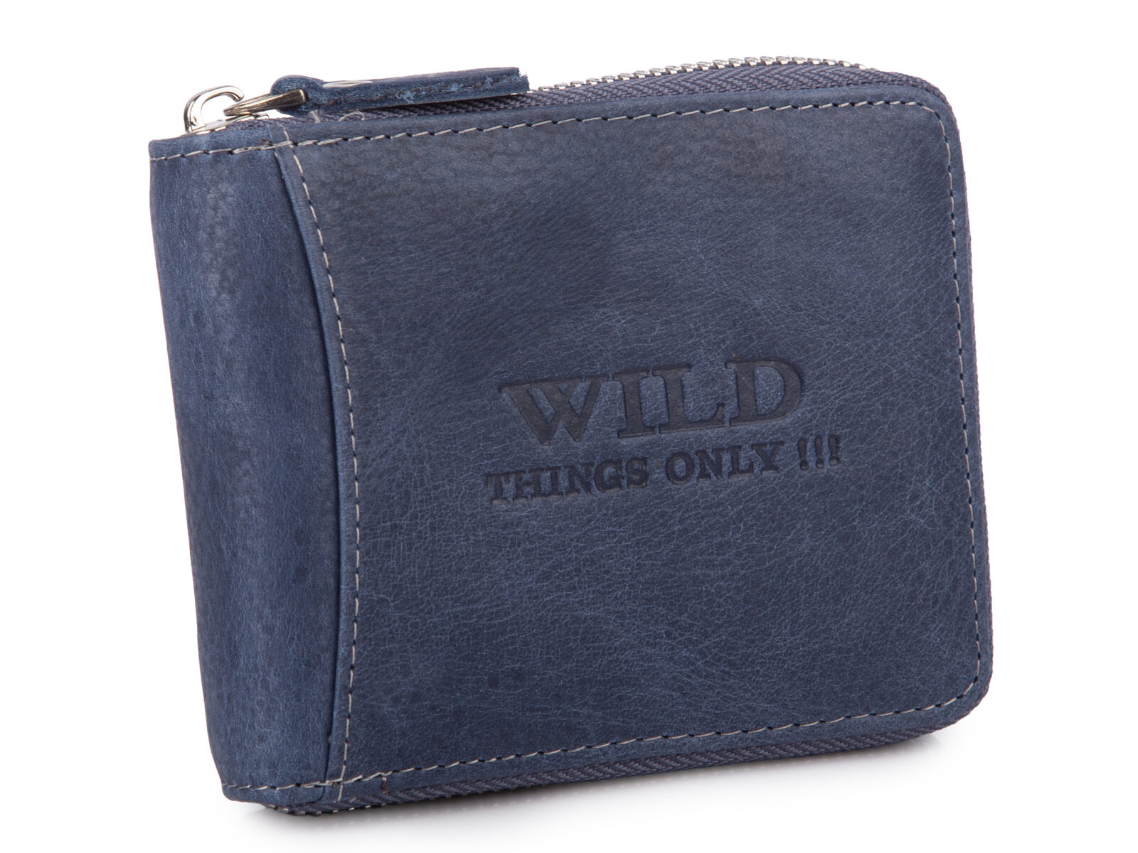 Duży poziomy portfel męski skórzany zapinany dookoła na zamek błyskawiczny, kolor: granatowy.