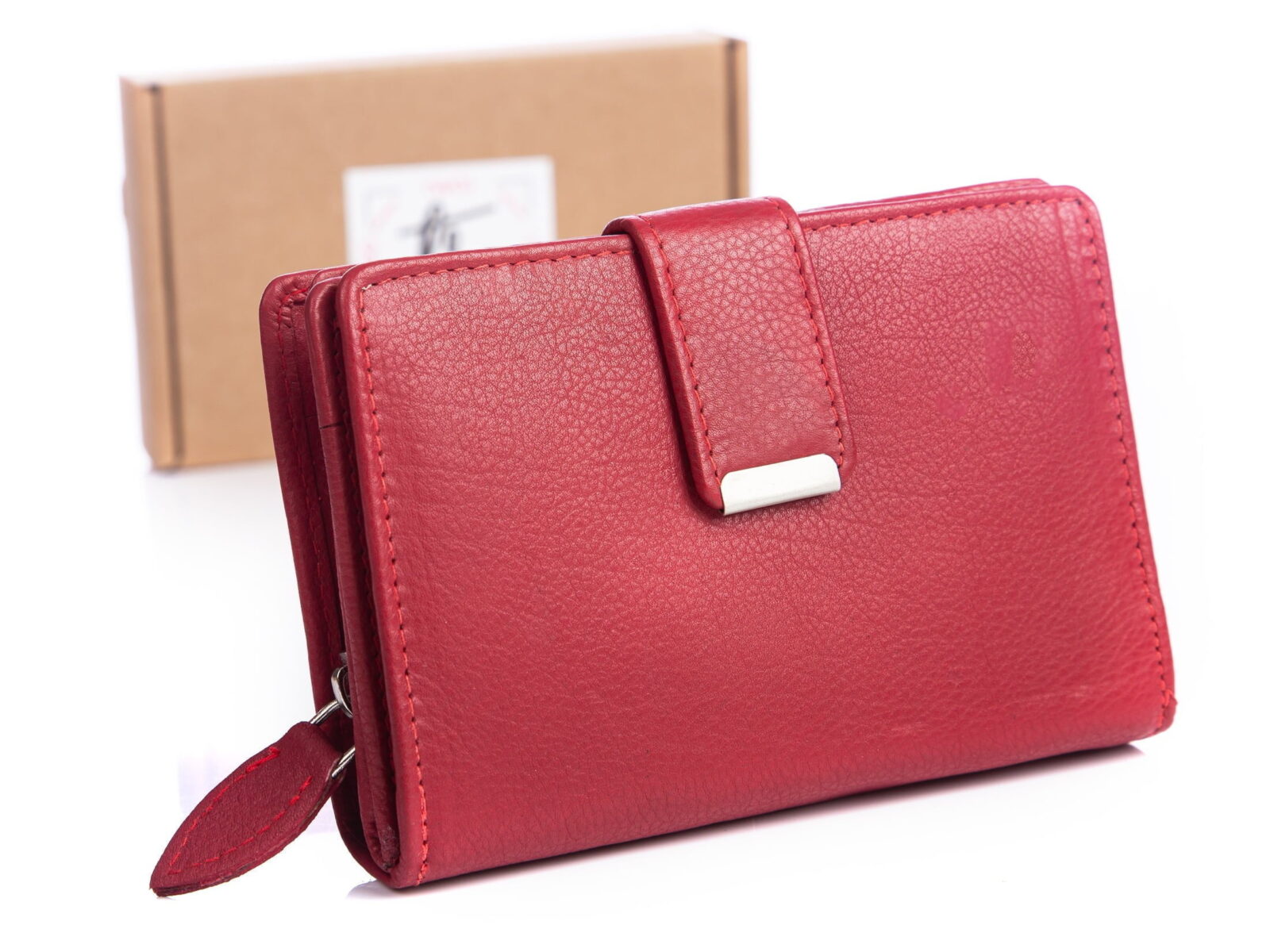 Czerwony portfel z miękkiej skóry naturalnej zapinany na zatrzask Money Maker 509B z pudełkiem
